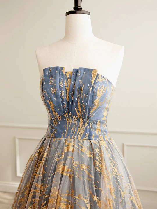 Vintage Sequin Beaded Strapless Ruffled Hem Design A-line Tulle Party Dress Homecoming Dress TP4062