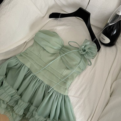 Flowy A Line Strapless Layered Green Chiffon Short Homecoming Dress Cocktail Dress SH3175