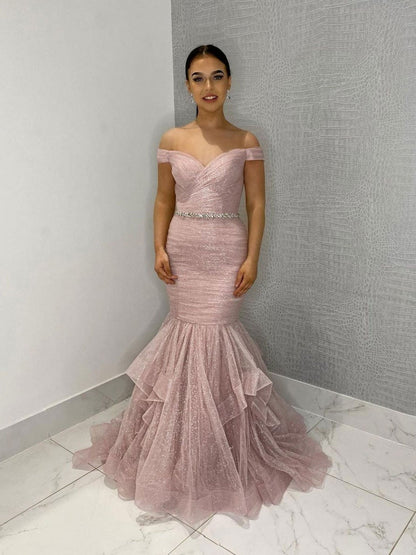 Vestido de fiesta largo de tul rosa con lentejuelas y hombros descubiertos, vestido formal de tul rosa