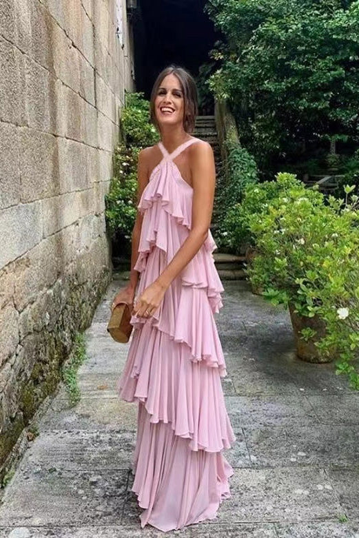 Vestido de fiesta largo de gasa con tirantes en forma de A y capas, hasta el suelo, color rosa, para noche formal