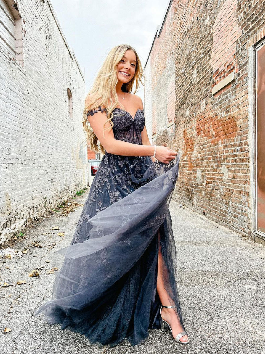 Elegant A line sweetheart neck tulle lace off shoulder long prom dress TP48
