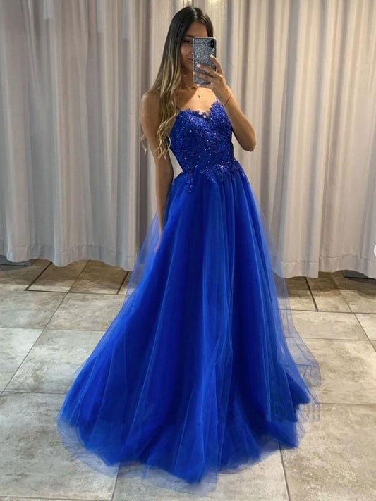 Vestido de fiesta largo de encaje de tul azul, vestido de noche de encaje de tul azul