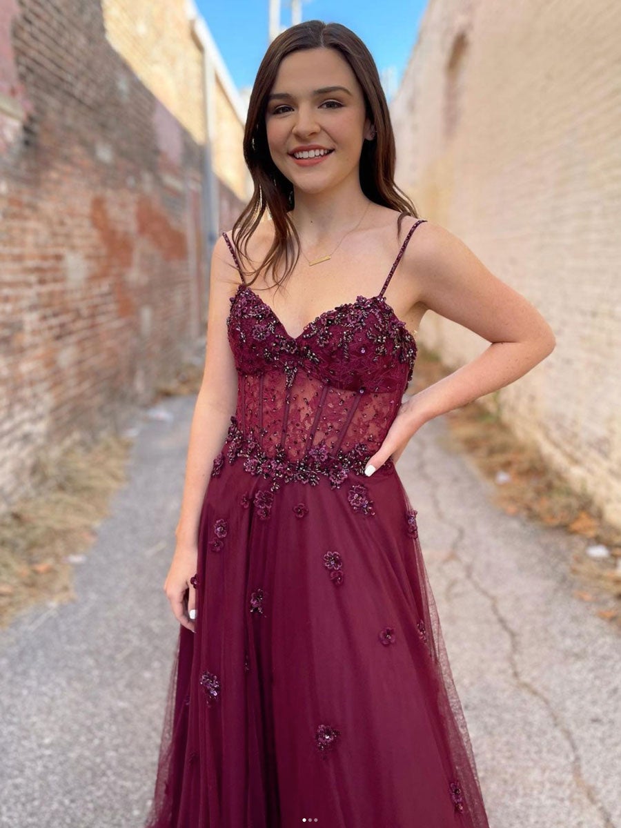 Vestido de fiesta largo de tul burdeos, corte A, vestido de noche burdeos