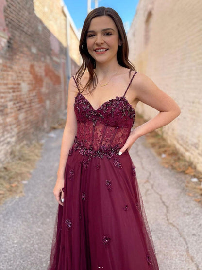 Vestido de fiesta largo de tul burdeos, corte A, vestido de noche burdeos