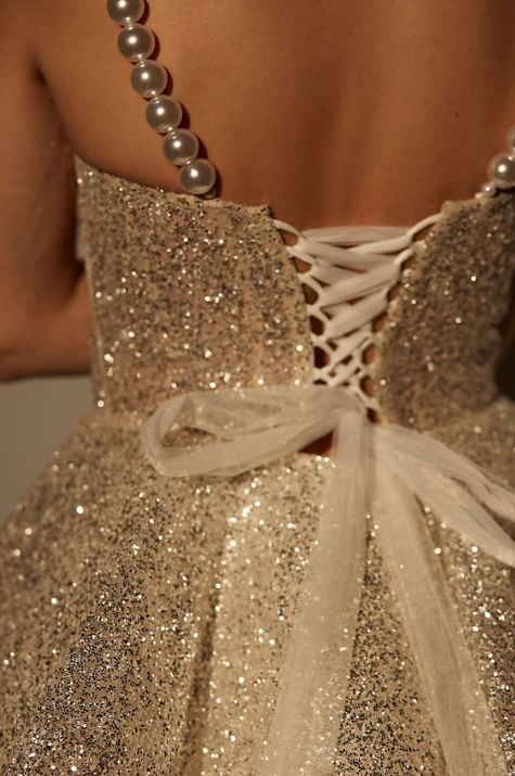 Vestido de fiesta color champán con lentejuelas brillantes y tirantes de perlas, corte A, corto, para cóctel, TP4564