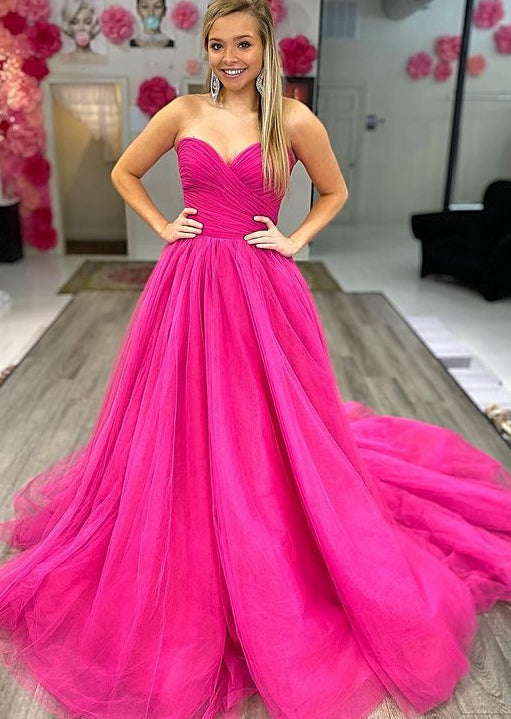 Sweetheart Hot Pink Tulle Long Prom Dresses, Simple Formal Dresses GP369