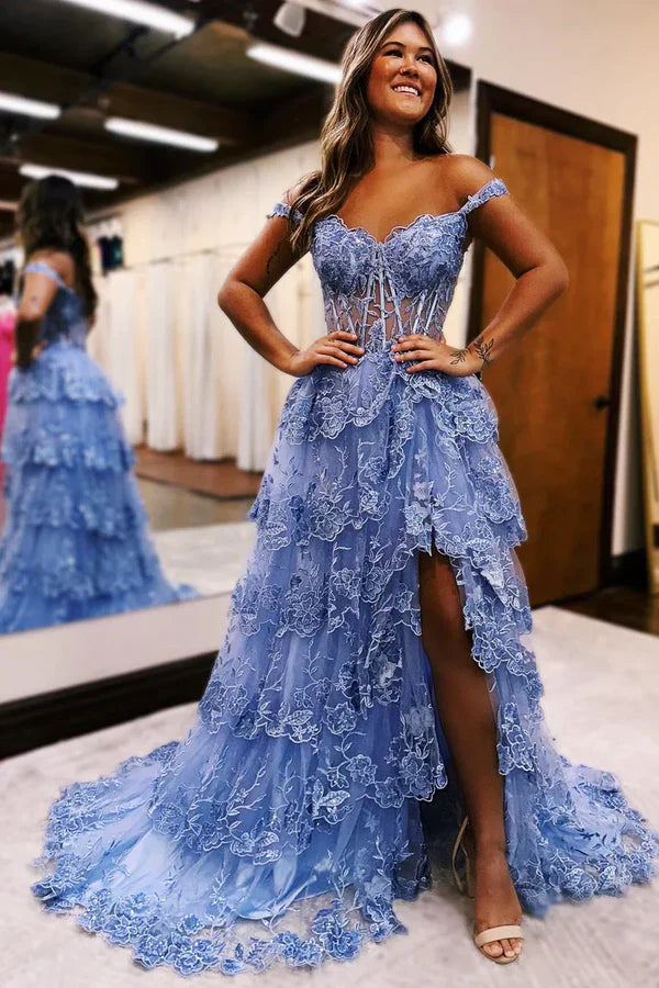 Hermoso vestido de fiesta largo con hombros descubiertos, apliques de tul negro y volantes, vestido de graduación DP517