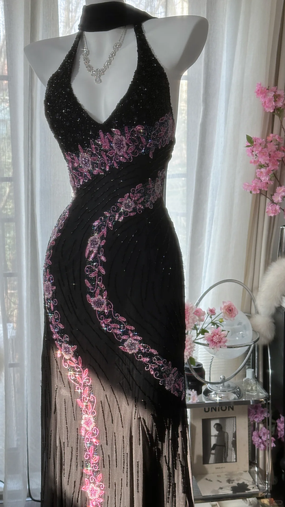 Retro Black V-neck Applique Design Romantic Chiffon Evening Dress Prom Dress TP4011