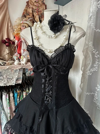 Vestido de fiesta elegante con escote en forma de corazón, estilo vintage, negro, con tirantes finos y capas, TP3537