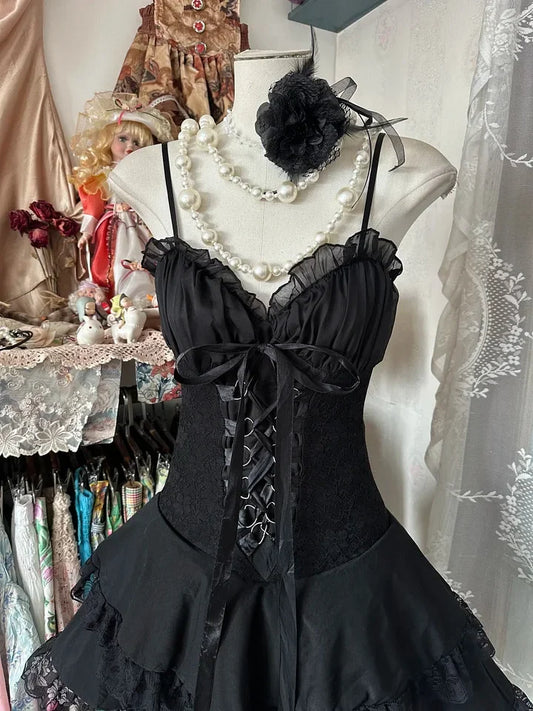 Vestido de fiesta elegante con escote en forma de corazón, estilo vintage, negro, con tirantes finos y capas, TP3537