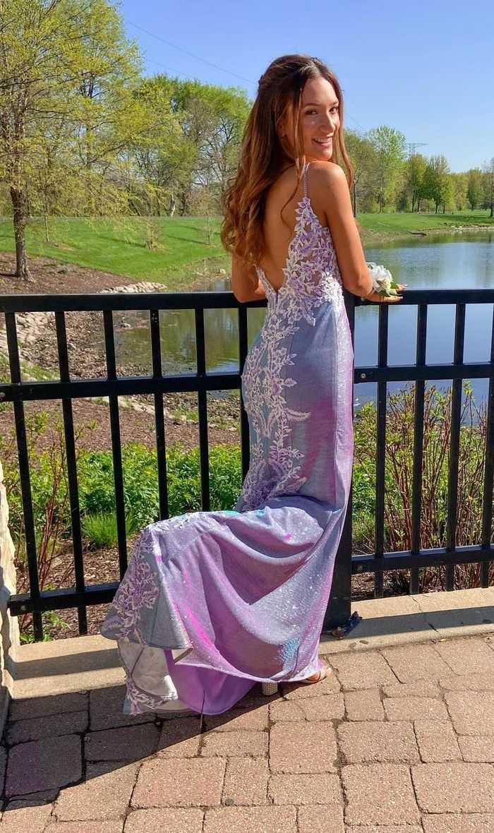Glitter Mermaid Spaghetti Straps Prom Dress Lace Slit Evening Gowns GP544