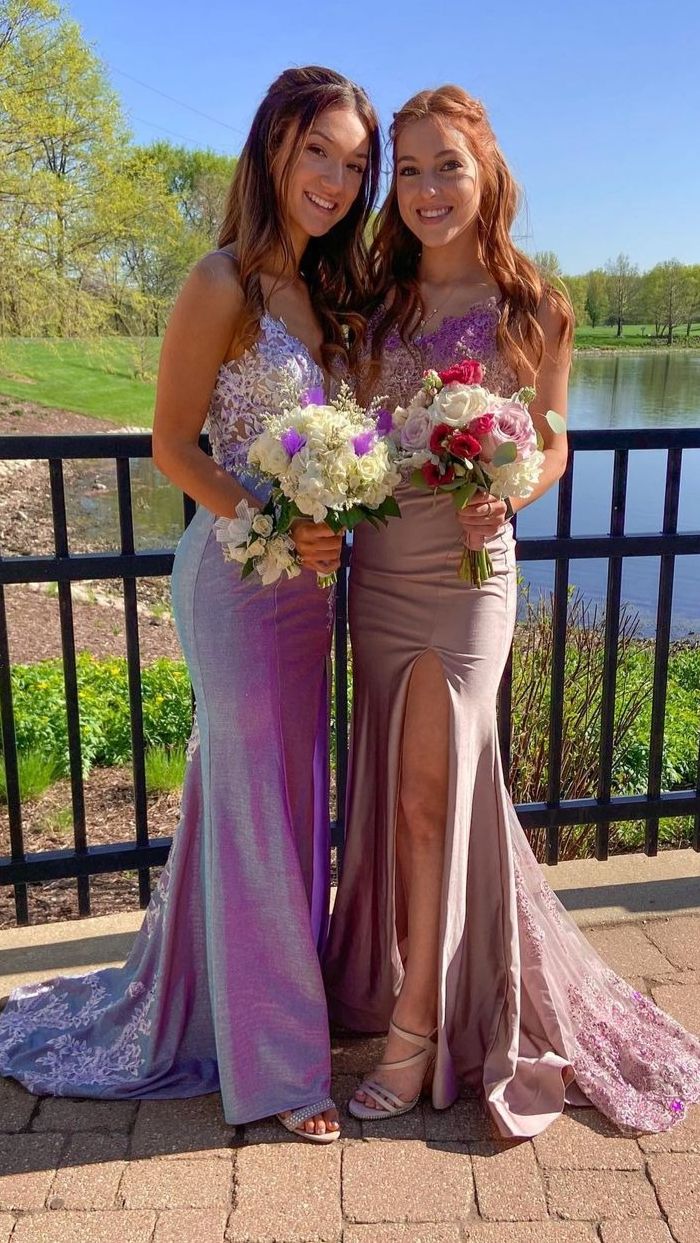 Glitter Mermaid Spaghetti Straps Prom Dress Lace Slit Evening Gowns GP544