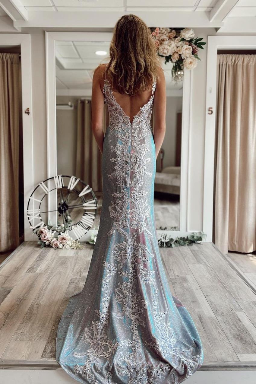 Glitter Mermaid Spaghetti Straps Prom Dress Lace Slit Evening Gowns GP544