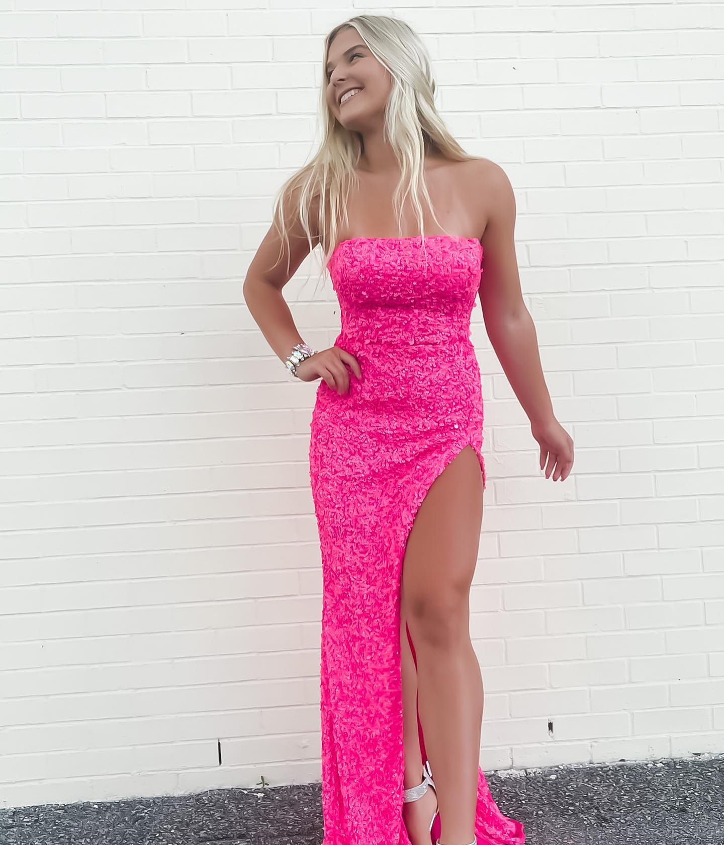 Hot Pink Sequins Sheath Long Prom Dress, Sparkly Strapless Evening Gown GP327