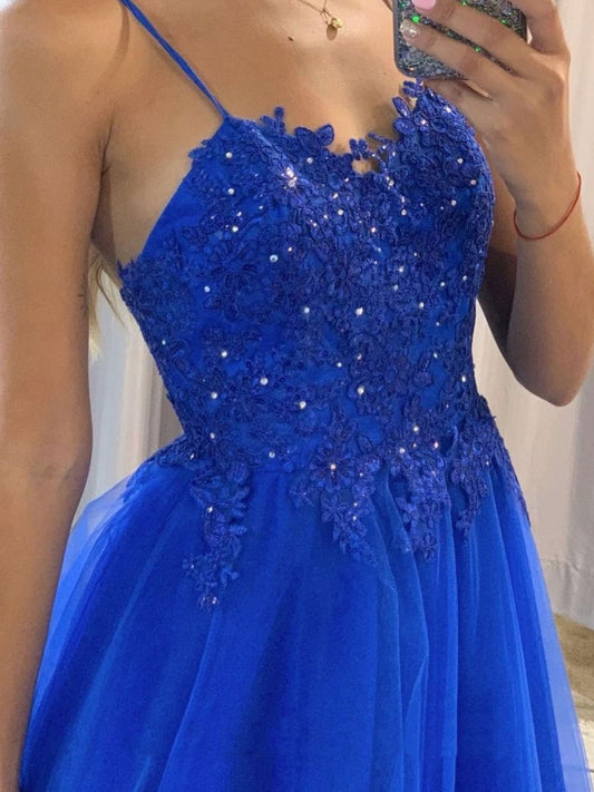 Vestido de fiesta largo de encaje de tul azul, vestido de noche de encaje de tul azul