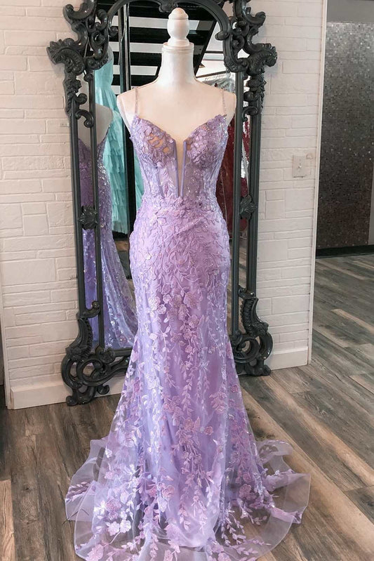 Vestido de fiesta largo de sirena con escote en V profundo y apliques florales de lavanda, vestido de gala formal