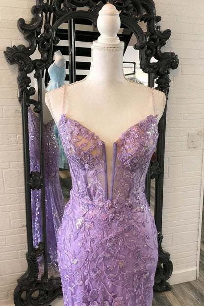 Vestido de fiesta largo de sirena con escote en V profundo y apliques florales de lavanda, vestido de gala formal