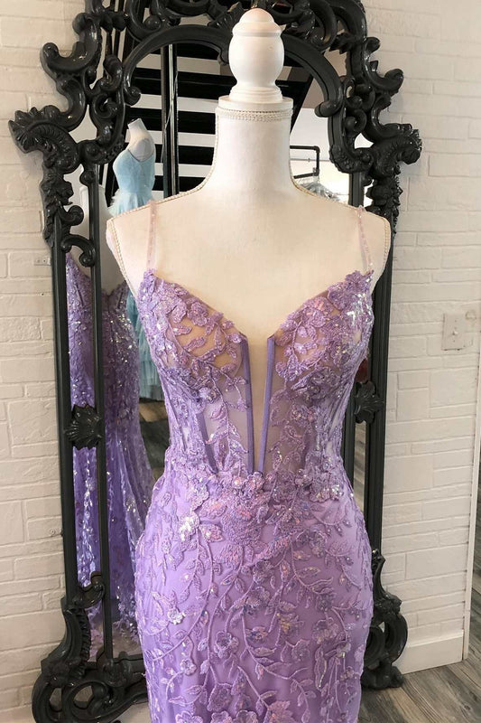 Vestido de fiesta largo de sirena con escote en V profundo y apliques florales de lavanda, vestido de gala formal
