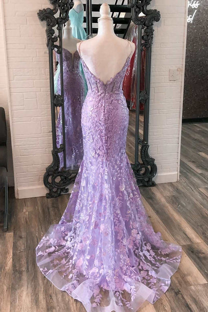 Vestido de fiesta largo de sirena con escote en V profundo y apliques florales de lavanda, vestido de gala formal