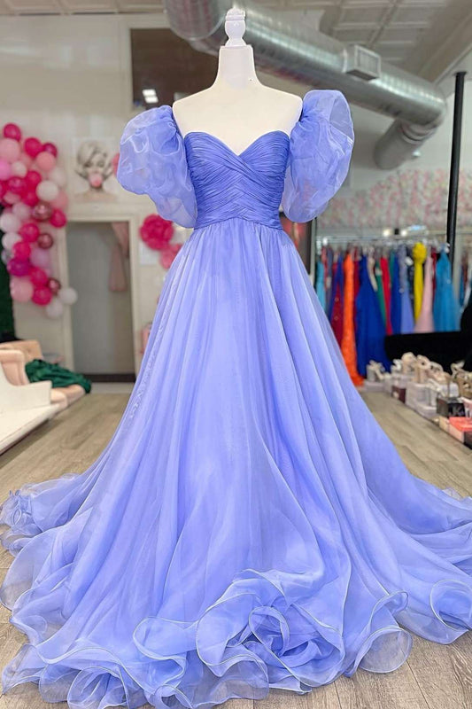 Vestido de fiesta lavanda sin tirantes, corte A, de organza, con cola y mangas abullonadas