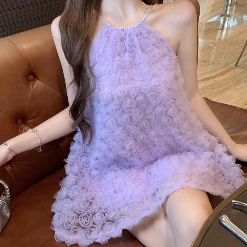 Fashion Purple 3D Flowers Tulle Design A-line Halter Homecoming Dress TP3707