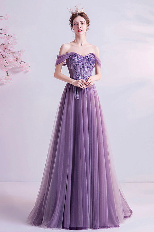 Purple Lace Long A-Line Prom Dress, Off the Shoulder Floor Length Formal Dress
