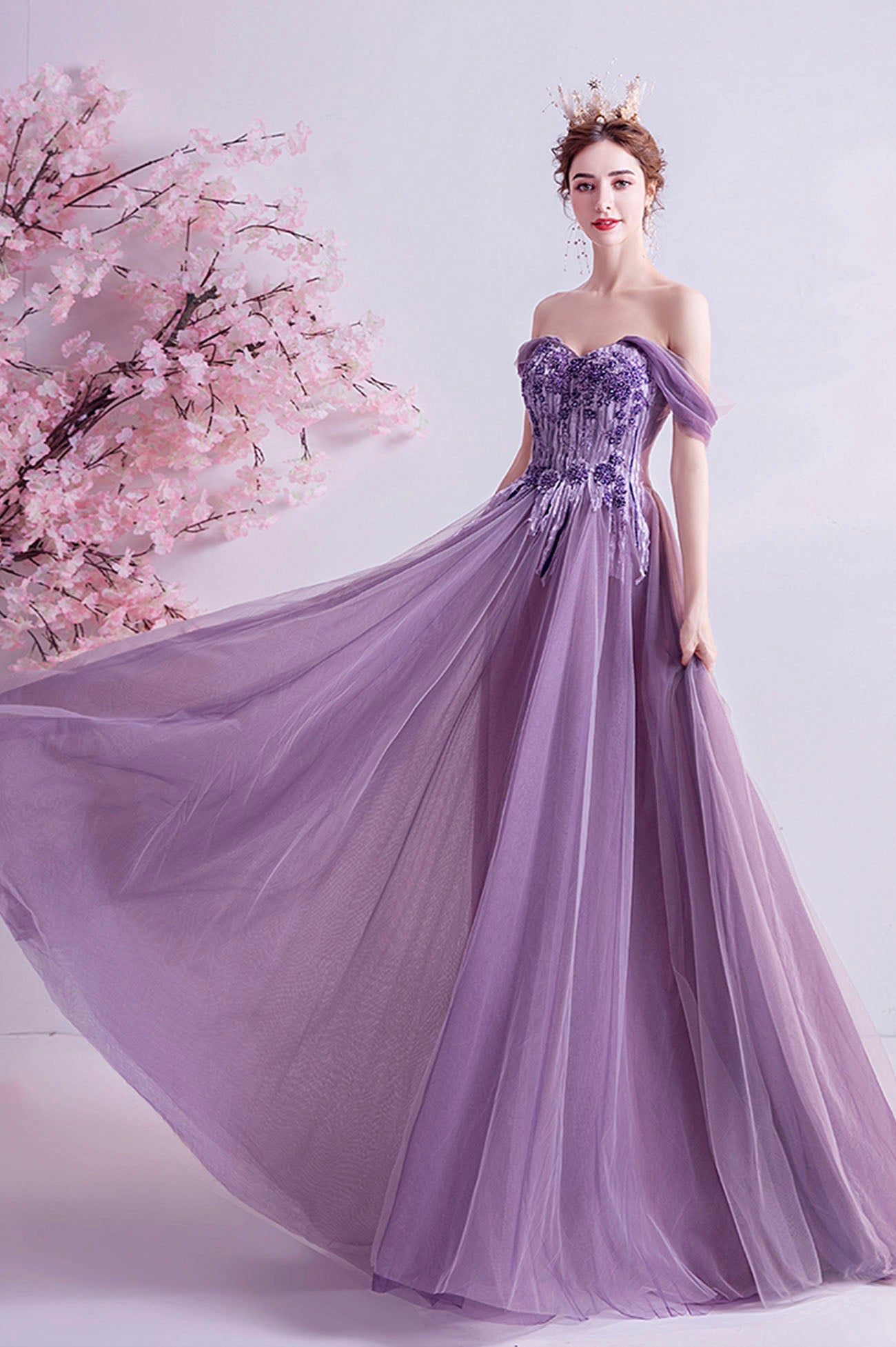Purple Lace Long A-Line Prom Dress, Off the Shoulder Floor Length Formal Dress