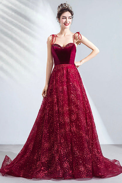 Elegant Spaghetti Strap Long Prom Dress, Velvet and Tulle Formal Dress with Sequins