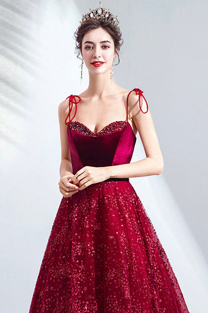 Elegant Spaghetti Strap Long Prom Dress, Velvet and Tulle Formal Dress with Sequins
