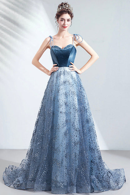 Elegant Spaghetti Strap Long Prom Dress, Velvet and Tulle Formal Dress with Sequins