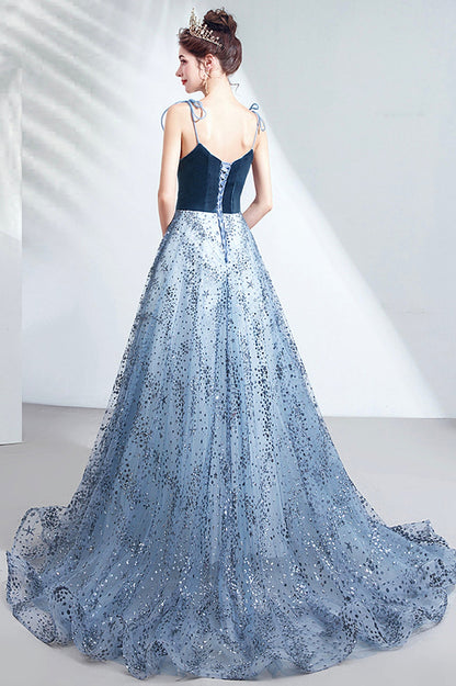 Elegant Spaghetti Strap Long Prom Dress, Velvet and Tulle Formal Dress with Sequins