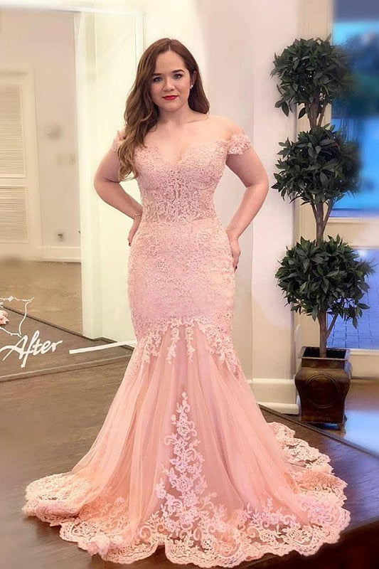 Vestido de fiesta largo de sirena con apliques rosas y hombros descubiertos, talla grande