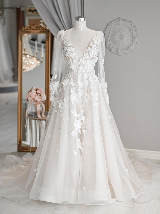 Elegantes vestidos de novia de encaje para playa, vestido de novia blanco de manga larga para mujer para jardín
