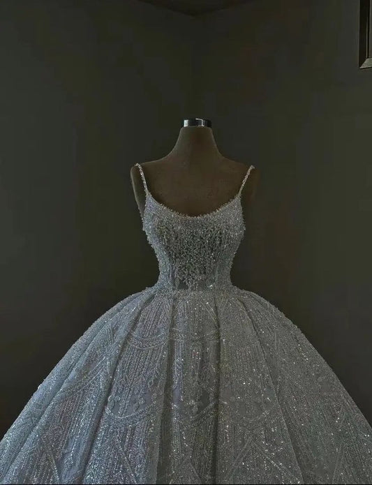 White shiny fashion exquisite beaded long elegant tulle floor-length ball gown evening dress wedding dress gh3350