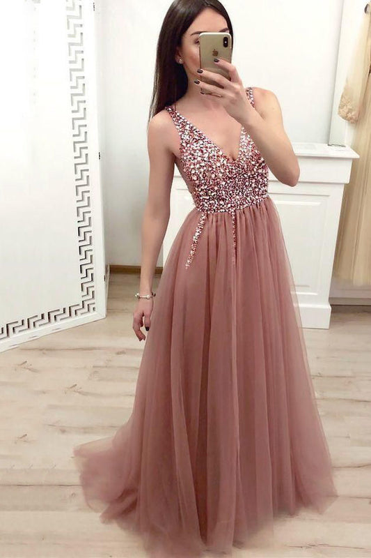 A-line V-neck Dark Green Long Prom Dress Beading Formal Dress GP53