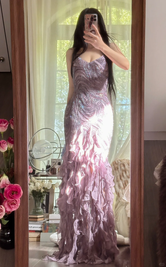 Vintage Purple Sparkling Strapless Design Elegant Chiffon Evening Dress Prom Dresses TP3988