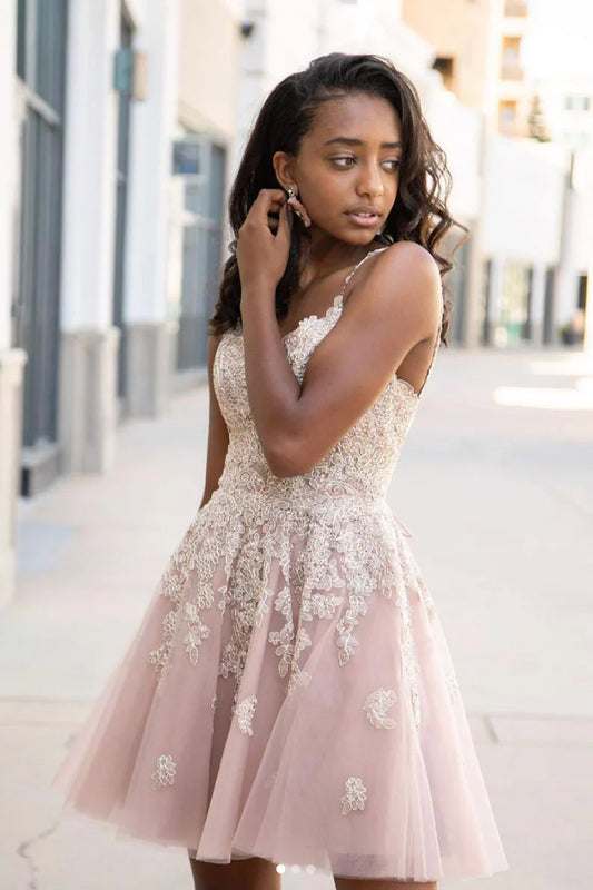 Pink A-line V-neck short lace prom dress formal homecoming dress party dress gh1616