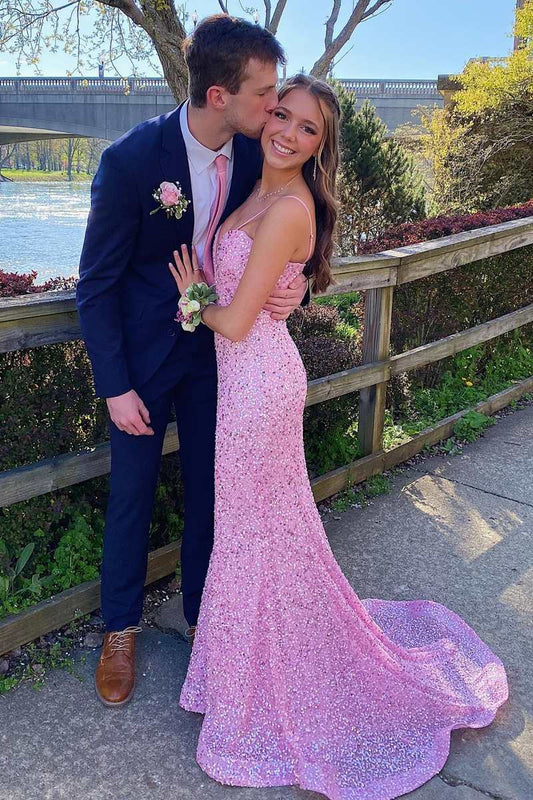 Spaghetti Straps Pink Prom Dress Mermaid Formal Dress with Sequin GP710