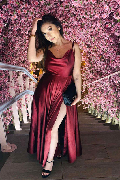 Vestido de fiesta largo burdeos con tirantes y abertura, vestidos de noche para bodas