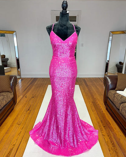 Vestido largo formal de sirena con lentejuelas naranjas brillantes y vestido de fiesta