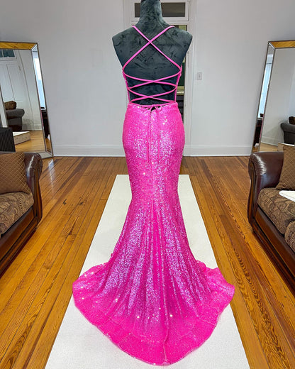 Vestido largo formal de sirena con lentejuelas naranjas brillantes y vestido de fiesta