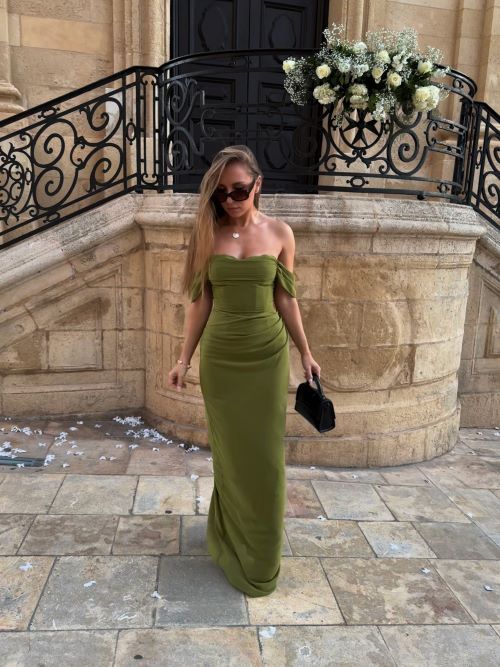 Elegante vestido de noche verde con hombros descubiertos para invitada de boda, vestidos de graduación de verano DP759