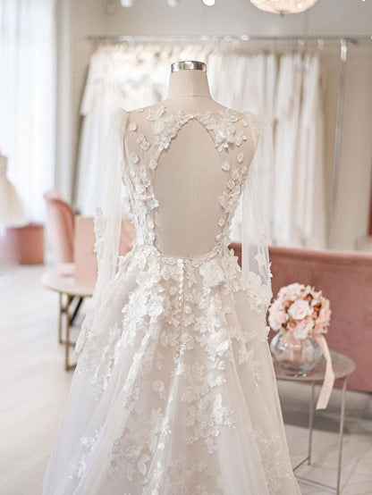 Elegantes vestidos de novia de encaje para playa, vestido de novia blanco de manga larga para mujer para jardín
