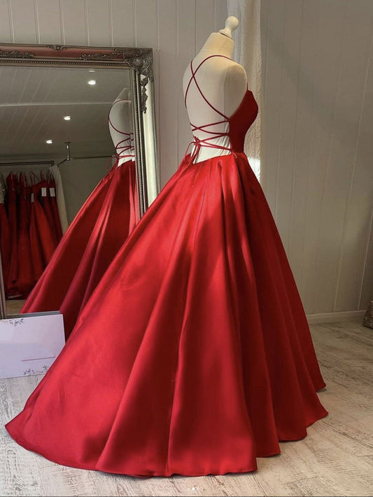 Vestido de fiesta largo de satén rojo sencillo, vestido de noche rojo