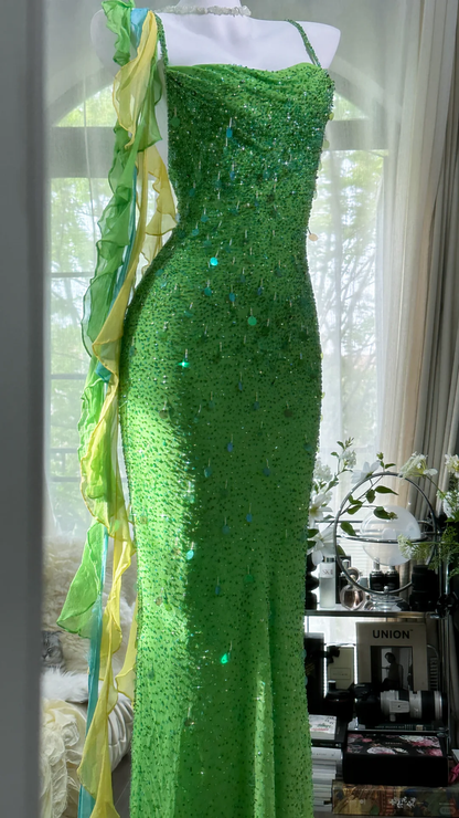 Vintage Shiny Sequin Green Spaghetti Strap Design A-line Romantic Chiffon Evening Dress Prom Dress TP4007