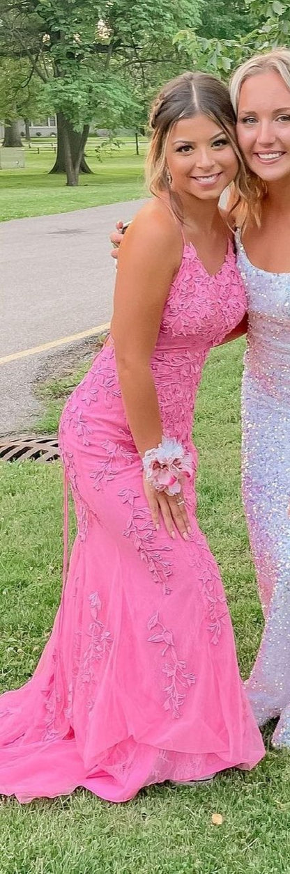 Mermaid Tulle Pink Long Floral Prom Dresses with Backless, GP162