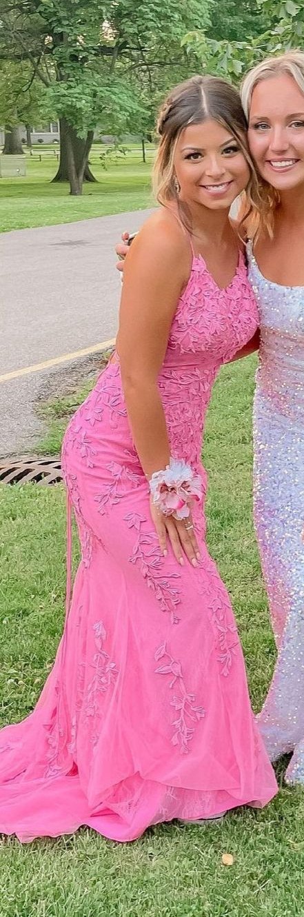 Mermaid Tulle Pink Long Floral Prom Dresses with Backless, GP162