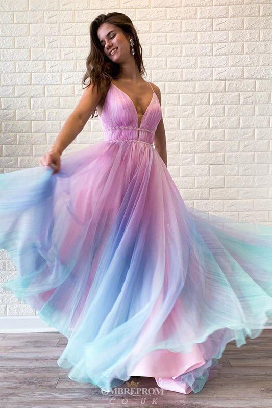 A-line Ombre Long Prom Dress V-neck Beaded Graduation Gown GP45