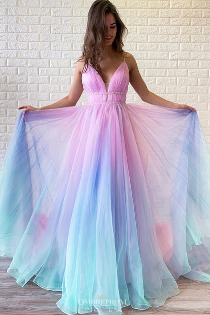 A-line Ombre Long Prom Dress V-neck Beaded Graduation Gown GP45