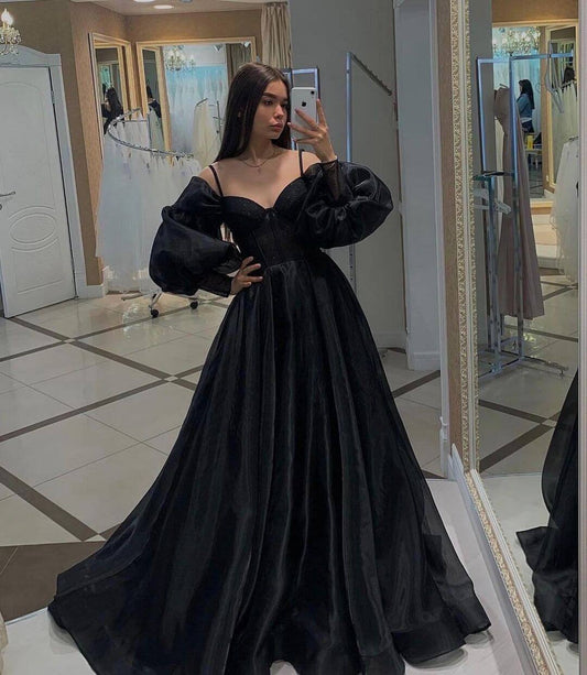 Vestidos de fiesta negros de manga larga, vestidos formales de organza, vestidos de fiesta con cola